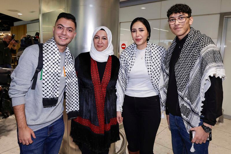 Saeed Adli Sadeq was greeted at Dublin Airport by his mother Jihan, cousin Asil and brother Nidal. Photograph: Conor Ó Mearáin/Collins