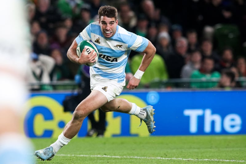 Argentina full back Juan Cruz Mallia scores a try during the game against Ireland. Photograph: Paul Faith/AFP via Getty Images