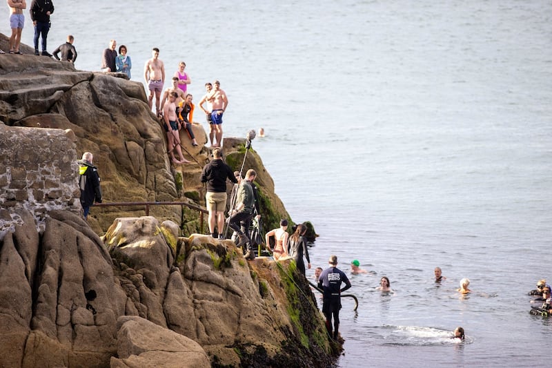 Emerald: filming in the Irish Sea at the Forty Foot rocks. Photograph: Tom Honan