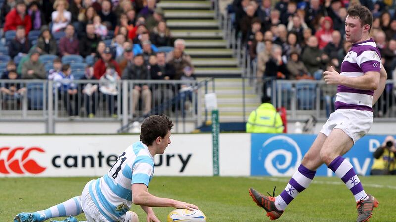 Blackrock’s  Keenan goes over for a try against Clongowes in the Leinster Schools Senior Cup final in 2014. Photograph: Colm O’Neill/Inpho