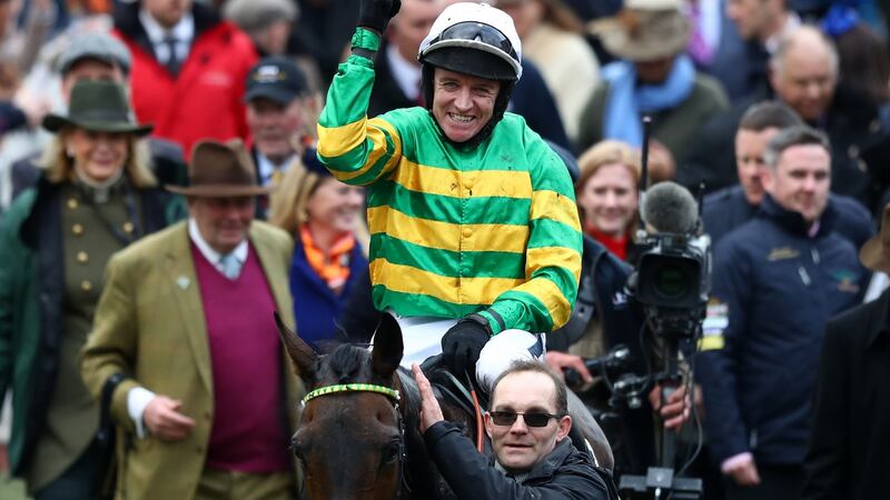 ‘Social-distancing wasn’t even a concept.’ Barry Geraghty celebrates winning the Unibet Champion Hurdle Challenge Trophy (Grade 1) at Cheltenham Racecourse on March 10, 2020 in Cheltenham, England. Photograph:  Michael Steele/Getty Images