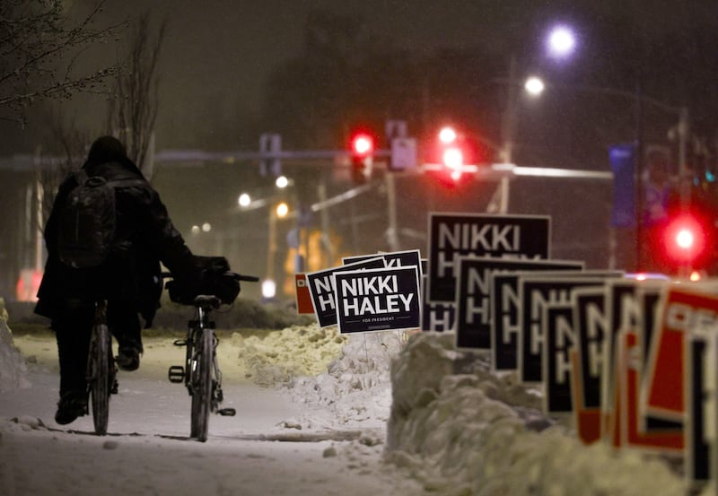 Campaign signs along a street  in Des Moines, Iowa. Photograph: Justin Lane/EPA