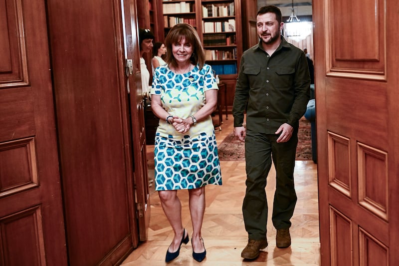 Greek president Katerina Sakellaropoulou hosts Ukrainian leader Volodymyr Zelenskiy in Athens in August 2023. Photograph: Angelos Tzortzinis/Getty