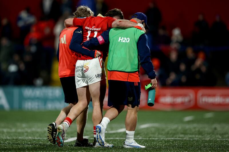 Munster's Calvin Nash leaves the field due to an injury after scoring a try. Photograph: Ben Brady/Inpho