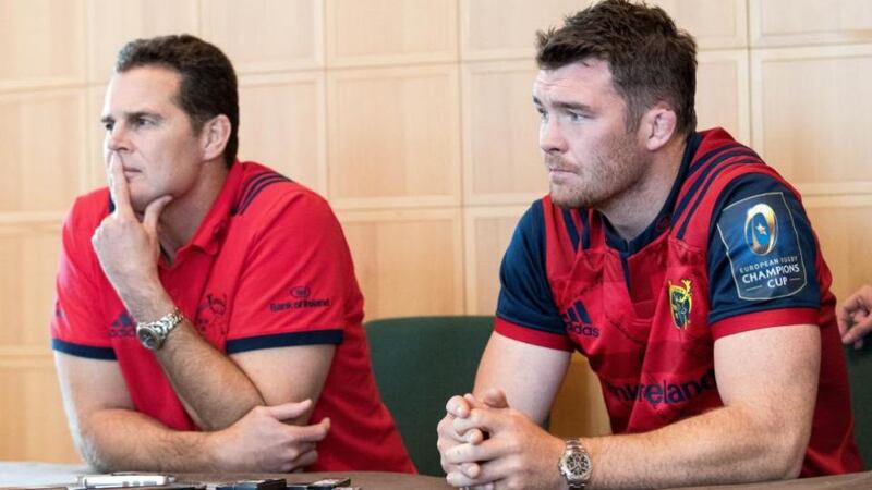 Rassie Erasmus with Peter O’Mahony. “Change happens and the new guy’s going to come in and do his thing, and we’re all going to row in behind that.” Photograph: Gary Carr/Inpho