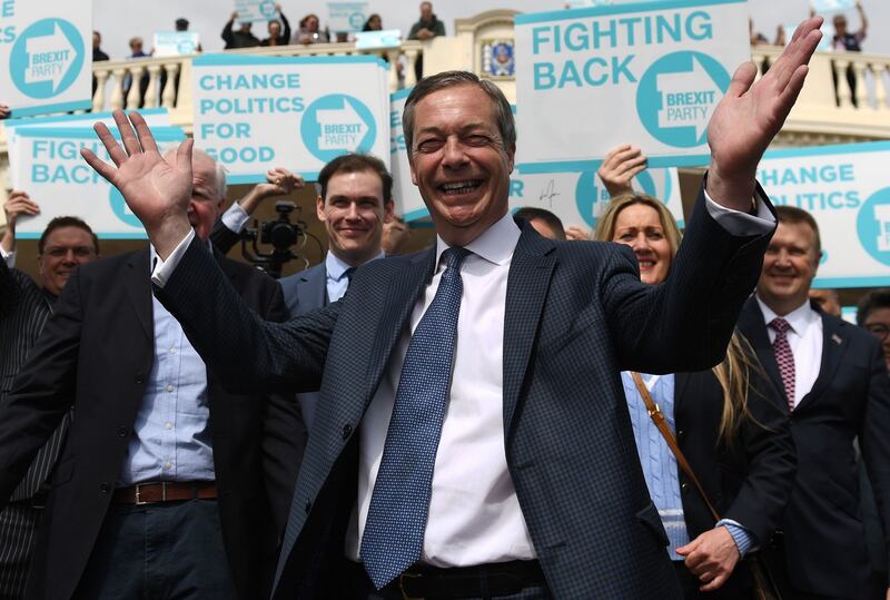 Opinion polls released ahead of the Euroean elections suggest Nigel Farage’s Brexit party are leading the pack, followed by Labour and then a predicted routing of the Conservatives. Photograph: Joe Giddens/PA Wire