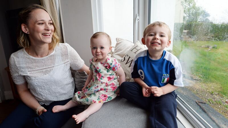 Sadhbh O’Flaherty  with her children Aoibh (14 mths) and Padraig (3 1/2 ) , at Blackrock Co. Louth. Photograph: Eric Luke