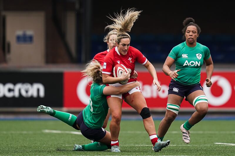 Courtney Keight of Wales is tackled during her team's match against Ireland on Saturday. Photograph: INPHO/Robbie Stephenson