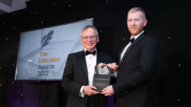 Prof. Willie Donnelly, Awards Judge, presents the COVID-19 Crisis Response Award to Neil Wall, BusinessRiver, on behalf of The National Theatre School of Ireland.