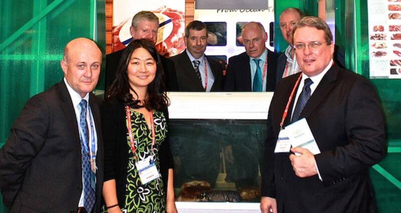 At the launch of Ocean Jade at Dalian Seafood Expo are Jade Ireland directors (back l-r) Peter O'Sullivan, Billy Carr, Lorcan Barden and Hugh McBride; and (front l-r) Donal Buckley of BIM, Jade Ireland's Shanghai office sales director Yan Zhao and Irish ambassador to China Declan Kelleher