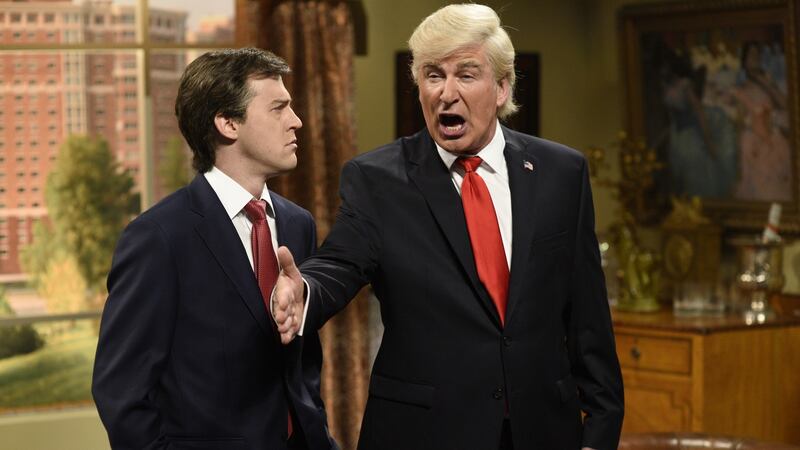 Alec Baldwin (R) as  Donald  Trump  on Saturday Night Live with Alex Moffat as Paul Manafort. Photograph: Will Heath/NBC/NBCU/Getty Images