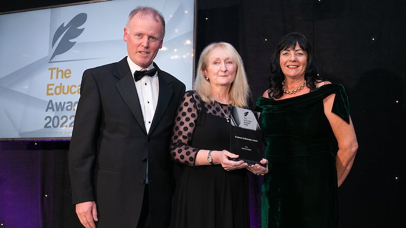 Colette Henry, Awards Judge, presents the Business Collaboration Award to Eileen Cullen and Keith Rowe, KWETB & RACE.