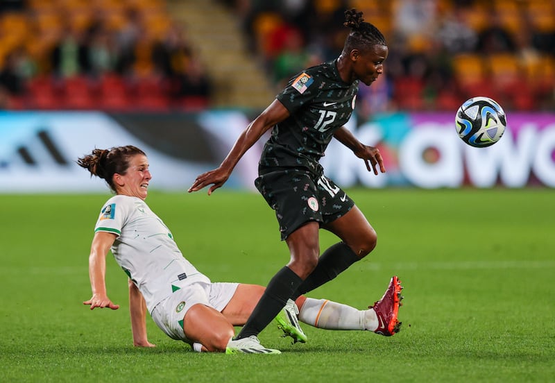 Niamh Fahey tackling Nigeria's Uchenna Kanu at the 2023 World Cup. Fahey's leadership could be vital against Wales. Photograph: Ryan Byrne/Inpho