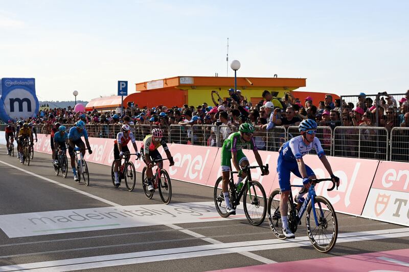 Eddie Dunbar crosses the finish line during stage two of the 106th Giro d'Italia 2023. Photograph: Stuart Franklin/Getty Images