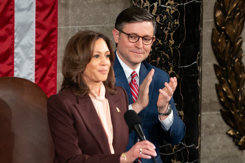 House of Representatives speaker Mike Johnson applauds as US vice-president Kamala Harris certifies Donald Trump's win in the US presidential election. Photograph: Allison Robbert/AFP via Getty Images