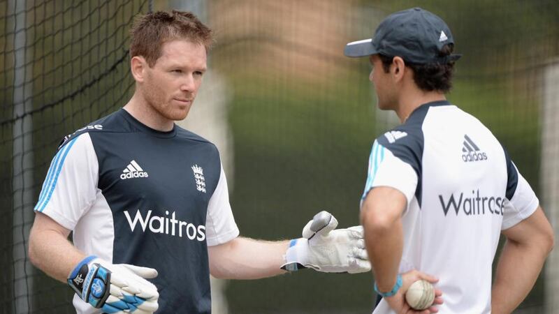 England captain  Eoin Morgan speaks with batting coach Mark Ramprakash during a net session at Manuka Oval  in Canberra, Australia. Photograph:   Gareth Copley/Getty Images