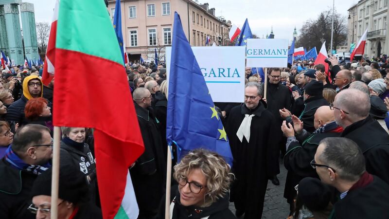 Judges and lawyers from across Europe  in the demonstration  in Warsaw. Photograph: Tomasz Gzell/EPA