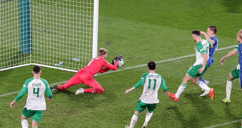 Ireland's Caoimhin Kelleher saves a rebound from the initial penalty kick.
Photograph: Laszlo Geczo/Inpho