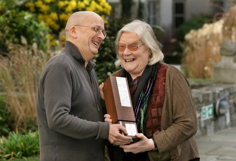 Jennifer Johnston is presented with the Irish PEN/AT Cross Literary Award by fellow writer Roddy Doyle in 2006. Photograph: Matt Kavanagh/The Irish Times