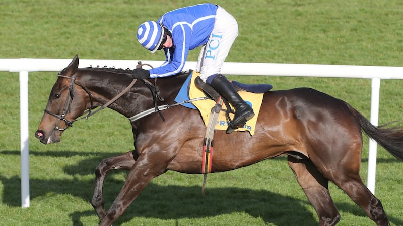 Jockey Paul Townend has a look behind him as  Energumene comes home to win the Ryanair Novice Steeplechase at Punchestown. Photograph: Caroline Norris/Inpho