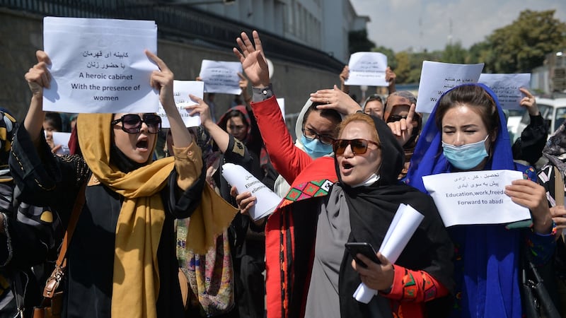 Afghan women protesting for their rights under  Taliban rule in Kabul last week. Photograph:  Hoshang Hashimi/AFP via Getty Images