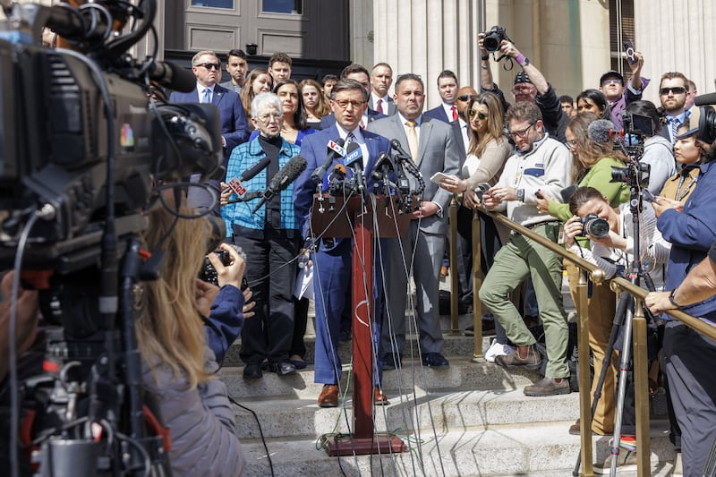 Speaker of the US House of Representatives Mike Johnson  on the steps of Low Memorial Library at Columbia University in New York on Friday. Photograph: Sarah Yenesel//EPA