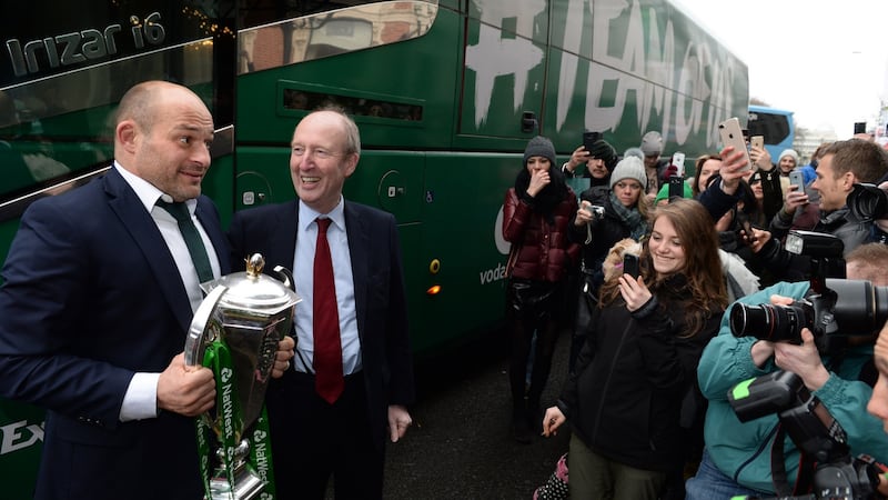 Ireland captain Rory Best meets Minister for Sport Shane Ross as the Grand Slam winners arrive at the Shelbourne Hotel in Dublin. Photograph: Dara Mac Dónaill/The Irish Times