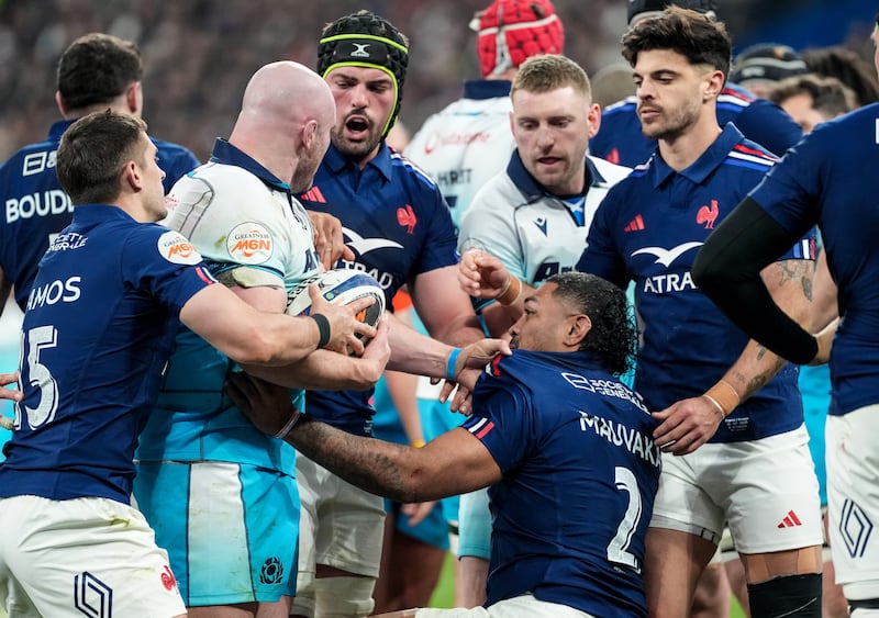 Tempers flare between Scotland's Dave Cherry and Peato Mauvaka of France during the Six Nations match at Stade de France. Photograph: Dave Winter/Inpho