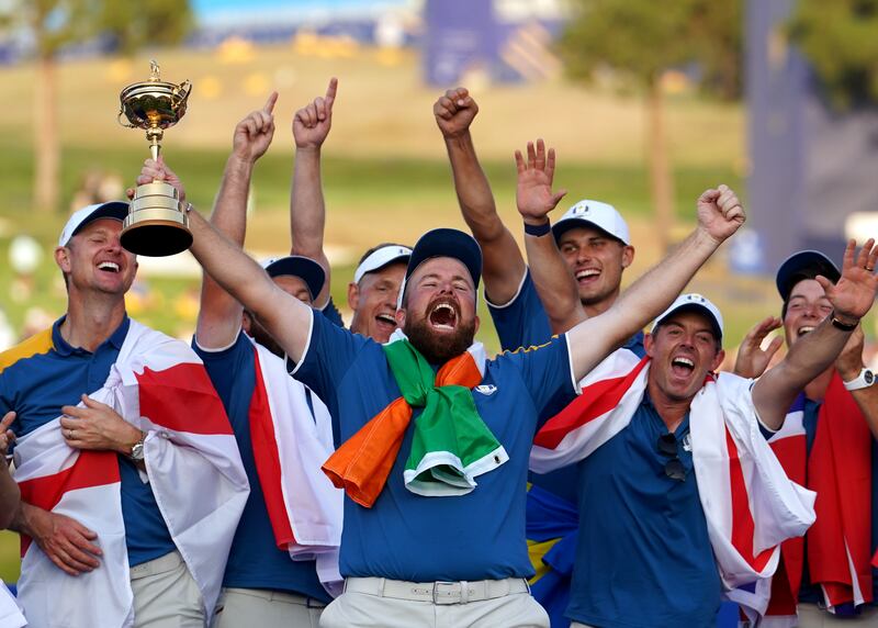 Team Europe's Shane Lowry lifts the trophy after Europe regained the Ryder Cup following victory over the USA. Photograph: David Davies/PA Wire