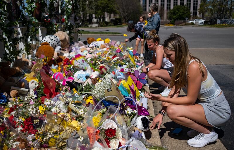 A memorial at the entrance of The Covenant School  where three students and three adults were killed by a 28-year-old gunman on March 27th. Photograph: Seth Herald/Getty Images