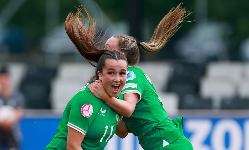 Ireland’s Lia O’Leary celebrates with Joy Ralph. Photograph: Nikola Krstic/Inpho