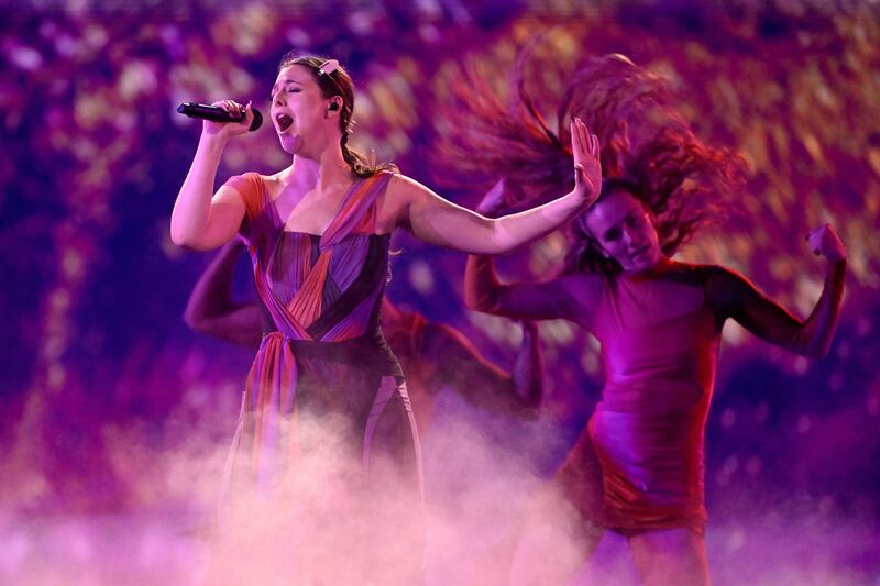 Singer Tali representing Luxembourg with the song Fighter performs on stage during a rehearsal for tonight's semi-final. Photograph: Jessica Gow/AFP via Getty