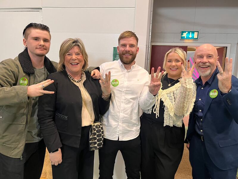 Fianna Fáil TD Mary Butler with her husband Mick and their children celebrate in Waterford in advance of what would be her third Dáil election win… Photograph: Kevin O'Sullivan