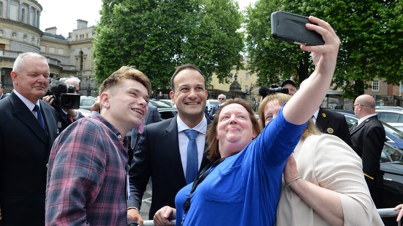 Then newly elected Taoiseach Leo Varadkar with Leinster House staff in 2017. Photograph: Dara Mac Dónaill