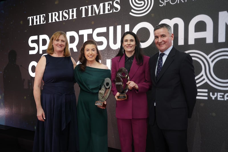 Linda Kelly and Katie George Dunlevy accept the award at the Sportswoman of the Year awards. Photograph: Nick Bradshaw