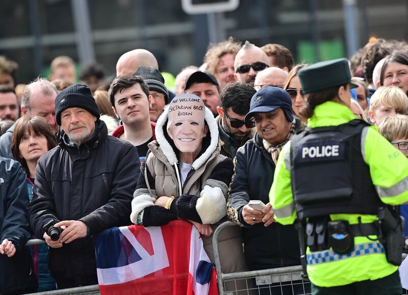 Crowds gather outside the Ulster University as US president Joe Biden visits Belfast. Photograph: Colm Lenaghan/Pacemaker