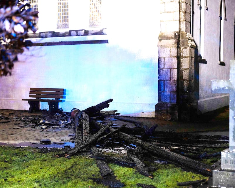 The collapsed timber spire of the church in Ruan, Co Clare, which was hit by a lightning strike. Photograph: Press 22