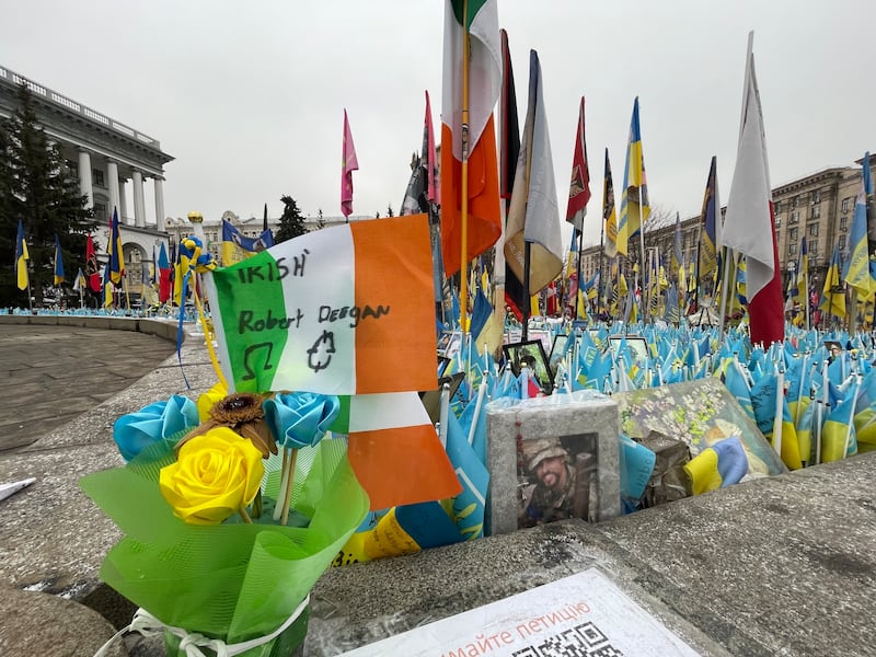 Flags placed in central Kyiv in honour of Ukrainian and foreign-born soldiers who have died fighting Russia's invasion. The Irish flags are in memory of Robert Deegan, a former Irish army ranger from Co Kildare who was killed earlier this year. On an earlier tour in Ukraine he served in its International Legion. Photograph: Daniel McLaughlin