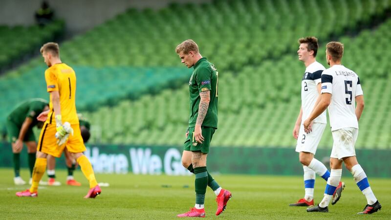 Ireland’s James McClean after the defeat to Finland. Photograph: Ryan Byrne/Inpho