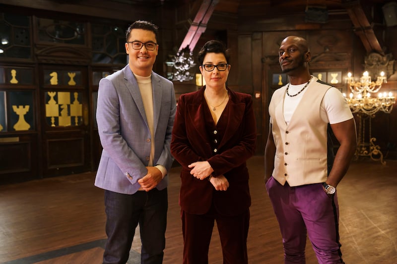 Chess Masters: The Endgame - David Howell, Sue Perkins and Anthony Mathurin. Photograph: Alistair Heap/BBC/Curve Media