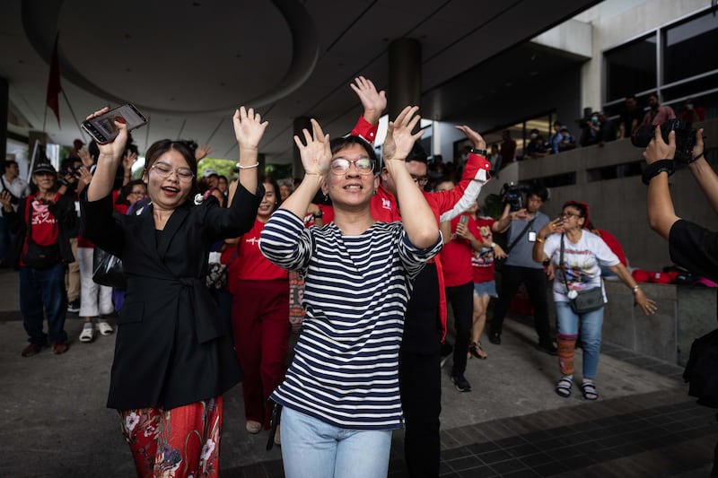 Pheu Thai Party supporters celebrate Srettha Thavisin's win as the 30th prime minister of Thailand at Pheu Thai Party's headquarters in Bangkok earlier this week. Photograph: Lauren DeCicca/Getty 