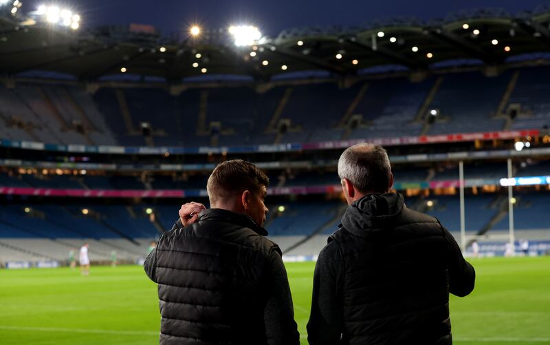 Éamonn Fitzmaurice and Michael Murphy from the Gaelic Review Committee attended the football interprovincial semi-final between Lenister and Connacht at Croke Park in October. Photograph: James Crombie/Inpho