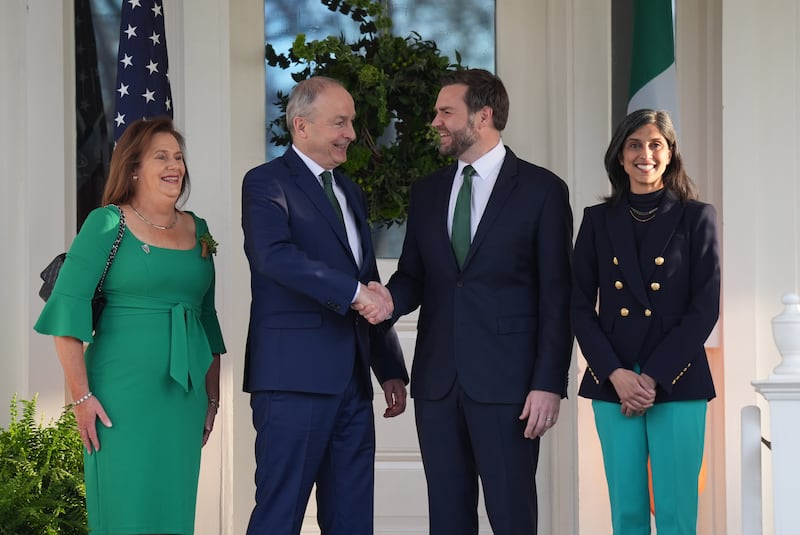 Taoiseach Micheál Martin and his wife, Mary, meeting US vice-president JD Vance and wife, Usha, at his official residence in Washington DC. Photograph: Niall Carson/PA Wire