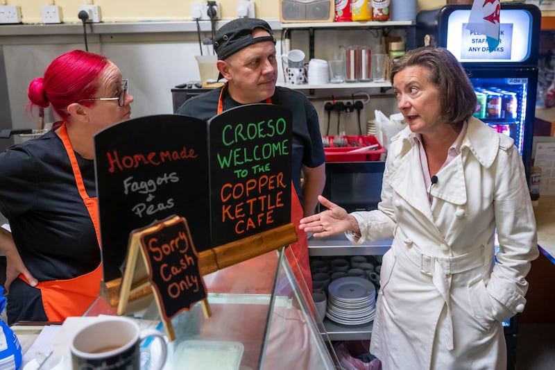 Eluned Morgan during a visit to Pontypridd town centre. Photograph: Matthew Horwood/Getty Images