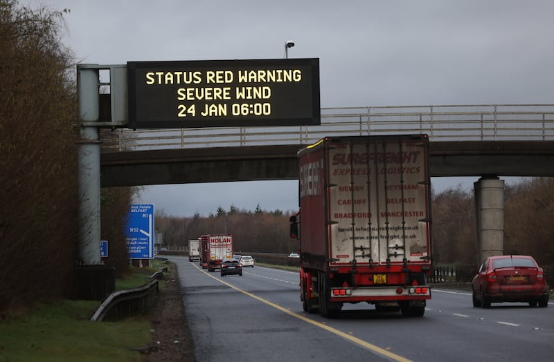 Storm warnings on the M1 near Drogheda a day before Storm Éowyn hit. Photograph: Bryan O’Brien