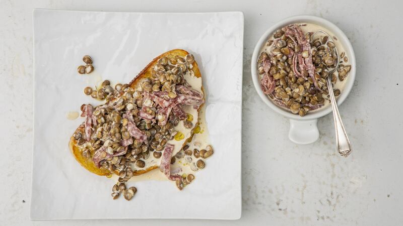 Bruschetta of lentils, balsamic cream and salami. Photograph: Harry Weir Photography