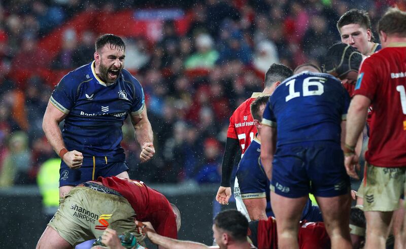 Leinster’s Jack Conan celebrating a turnover late in the game against Munster at Thomond Park. Photograph: Ryan Byrne/Inpho