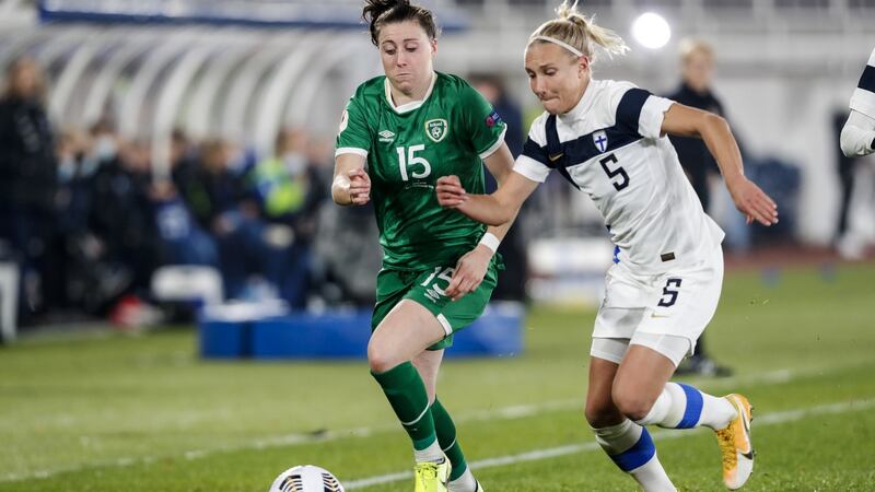 Lucy Quinn’s cross set up Ireland’s winner against Finland in Helsinki. Photograph:  Kalle Parkkinen/Inpho