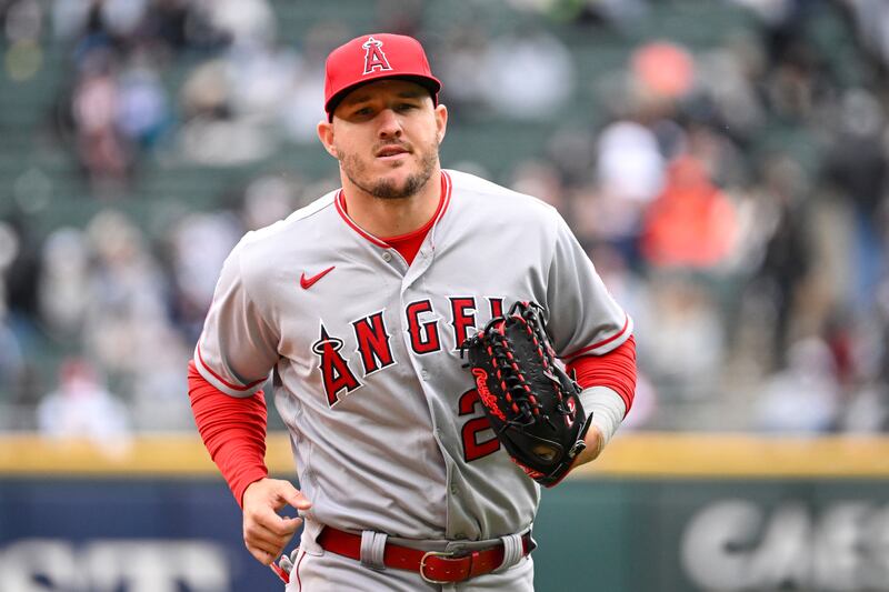 Mike Trout of the Los Angeles Angels looks on in the eighth inning against the Chicago White Sox. Photograph: Quinn Harris/Getty