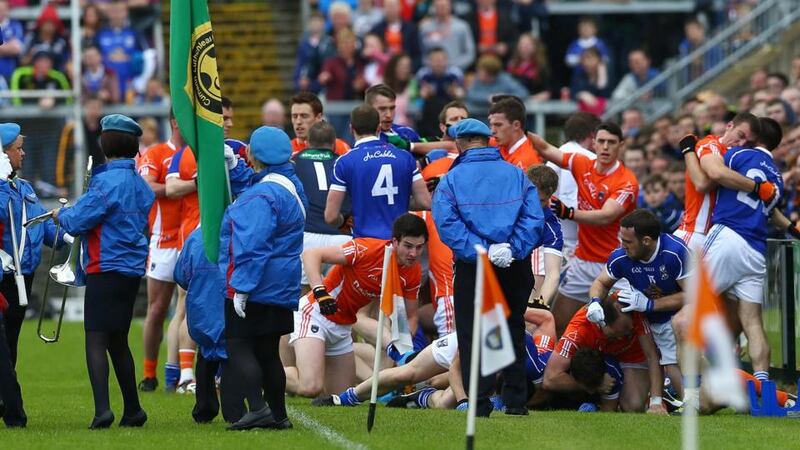 Armagh and Cavan players clash during the pre-match parade before their Ulster SFC quarter-final  at the  Athletic Grounds. Photograph: William Cherry/Inpho/Presseye